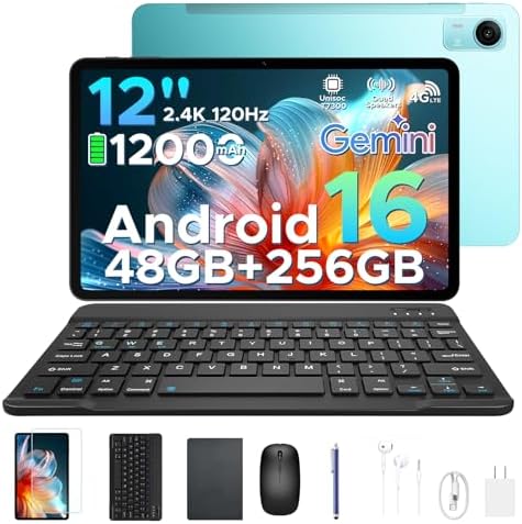 POPUX P12 Pro Android 16 Tablet (2026), 120Hz 2.4K Tablet 12 inch Android with Gemini AI, 48GB+256GB/2TB, Unisoc T7300 Octa-Core, 12000mAh, 13MP+8MP, Widevine L1, Tablet with Sim Card Slot, Pen, Blue