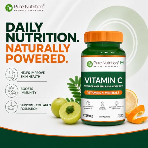 Image of Pure Nutrition Vitamin C Tablets with Amla & Orange Peel 1250mg | Vitamin C Supplements Boosts Immunity & Skin Glow | Natural Antioxidant for Men & Women | Supports Collagen Formation - 120 Veg Tablets