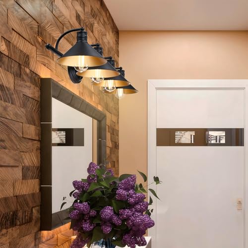 Image of 4 Light Bathroom Vanity Light Over Mirror - Black and Gold Farmhouse Wall Light for Bathroom Vanity Powder Room, Rustic Goose Neck Barn Style 4 Bulb Wall Sconce Over Kitchen Sink