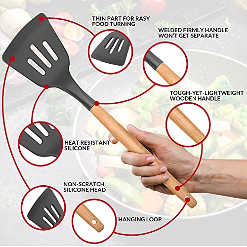 Kitchen Utensils Set Of 12, E-Far Silicone Cooking Utensils With Holder, Non-Stick Cookware Friendly & Heat Resistant, Includes Spatula Tong Whisk Ladle Brush Slotted Turner Spoon(Gray) #TOP3