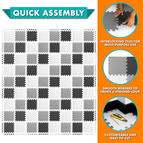 Image of ProSource Baby Play Mat, Soft Foam Floor Tiles for Kids, Interlocking EVA Panels for Playpen Use, Crawling Development Surface, Safe Non-Toxic Toddler Flooring, 72 Tiles, Black /Gray /White