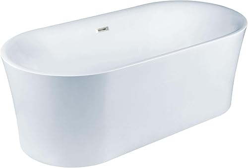 WOODBRIDGE Bañera de acrílico independiente de 67 pulgadas con desbordamiento y drenaje cromados, bañera blanca