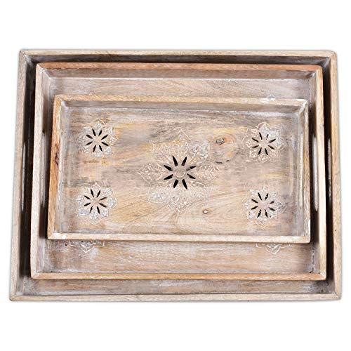 Rustic Wooden Serving Tray with Handles - Stylish Farmhouse Tray for Coffee Table, Ottoman Tray for Living Room, Breakfast in Bed Tray - Decorative Mango Wood Serving Tray in Whitewash Finish (Small) - Thumbnail 5