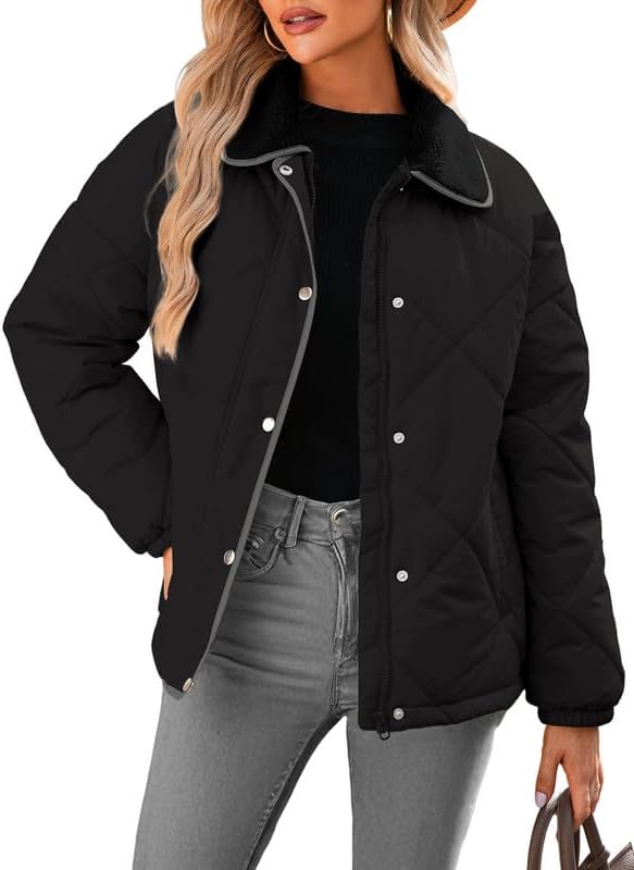 Dokotoo Women's Winter Casual Quilted Jackets Long Sleeve Button Down Puffer Jacket Padded Outerwear Coats Medium Black