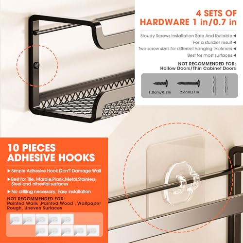 Spice Rack Wall Mounted 4 Pack, Inside Cupboard Spice Organiser with Moveable 4 Hooks, Adhesive and Screws – Seasoning Organizer for Kitchen Door Storage(Black) - Image 5