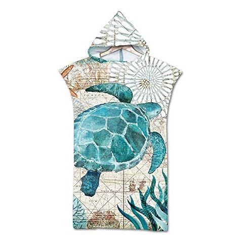 Ocean Animal Turtle Octopus Large Changing Robe Towel Poncho with Hood,Whale Seahorse Swimming Wetsuit Changing Surf Swim Beach, Polyester Beach Towel (Blue Turtle) Cover