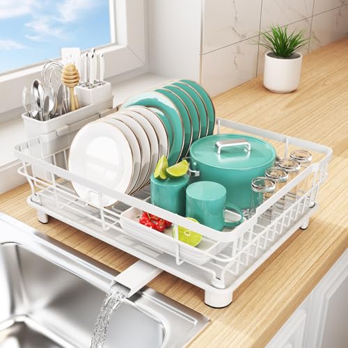 Ricobes white dish rack on a kitchen counter with a drain spout — showing the deep single-tier layout