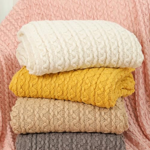 Couverture tricotée avec franges beige plaid déco doux
