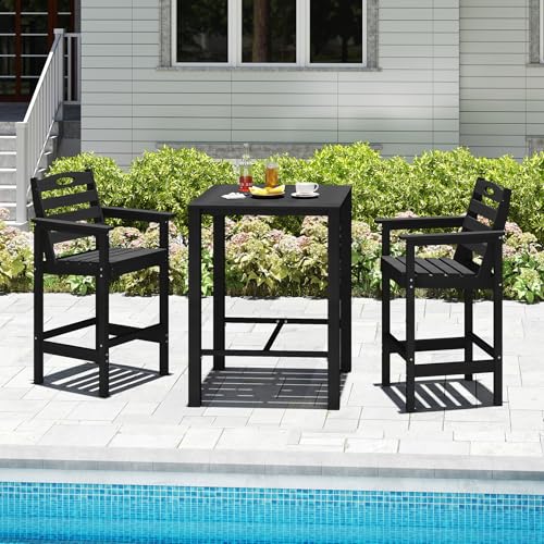 Image of Domi Patio bar Table and Chairs Set of 3, Adirondack bar Height Outdoor Table and Chairs, All-Weather HDPE Outdoor Bar Set for Poolside, Patio, Backyard, Black