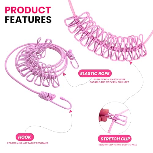 Image of Storite Cloth Drying Rope with Hooks - Elastic Hanging Rope for Travel, Home, and Outdoor Drying - Includes 12 Clips - Pink