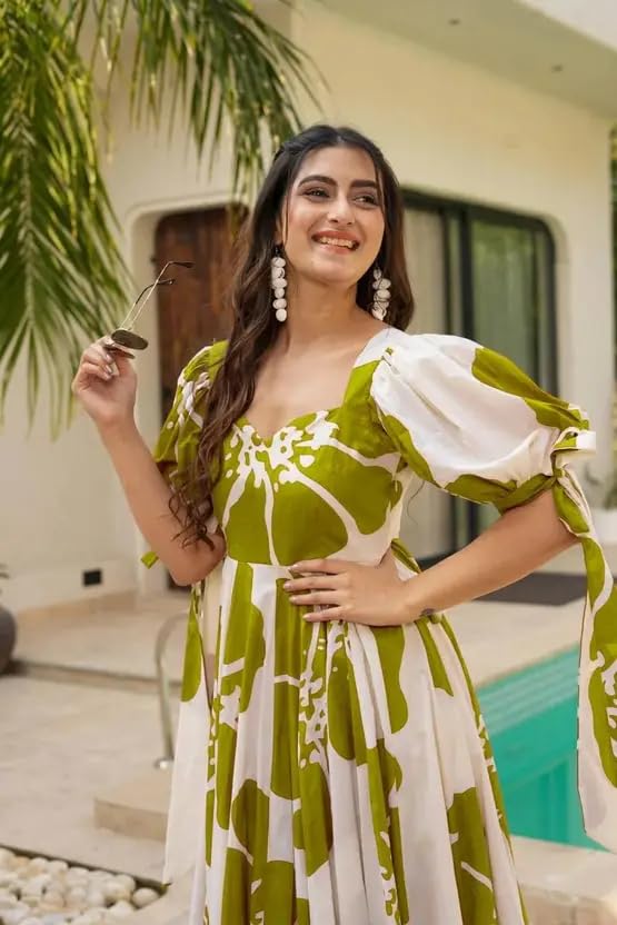 Image of Women Floral Printed Tiered Maxi Dress with Puff Sleeves, Empire Waist, Tie-Up Detail, Flared Long Dress for Casual Wear, Summer Outings, Vacation & Resort Wear - Causal Gown for Women