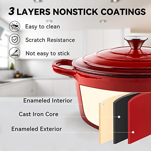 Home Cast Iron Enameled Dutch Oven Pot with Lid Sauce Pan, Pasta Server, Stove Top Pot, Dish for Sourdough Bread, Slow Cooking Chicken, Soup & More, Kitchen Cookware - Red