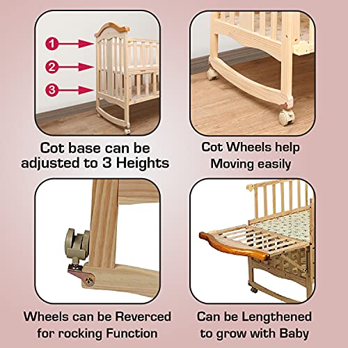 Image of LuvLap C - 70 Wooden Baby Cot Cum Rocker, Baby Crib, Made of New Zealand Pinewood, Includes Mosquito net, 15Kg Capacity, Beige, Without Mattress