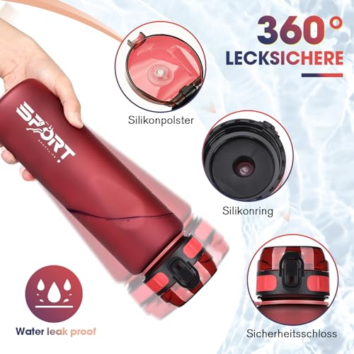 AOPREL Trinkflasche 1L Sport Trinkflasche Wasserflasche Auslaufsicher Trinkflaschen BPA Frei Sportflasche mit Kapazitätsskala für Die Outdoor, Schule, Camping