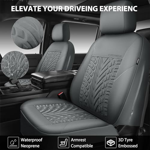 Image of CAR PASS Neoprene Waterproof Seat Covers Full Sets, Wetsuit Car Seat Covers 5 Seats Universal Fit for Vans, Truck, SUV, 3D Tyre Embossed Seat Covers Anti Slip with Armrests, Aibag Compatible(All Gray)