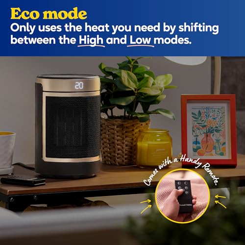 Image of Russell Hobbs Black and Gold Space Heater 1500W Silent Portable Oscillating Ceramic Round Electric Heater, Low Energy Digital Display, 4 Modes, 24 Auto Timer