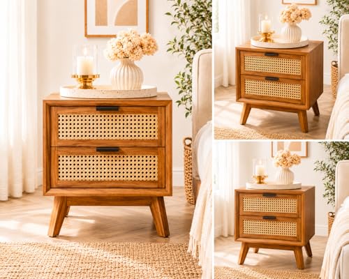 Image of Wooden Bedside Table for Bedroom | Wooden Bed Side Nightstand Lamp Table with 2 Drawers Storage | Premium Solid Wood Side End Table for Living Room, Office | Rattan Cane- Honey Finish
