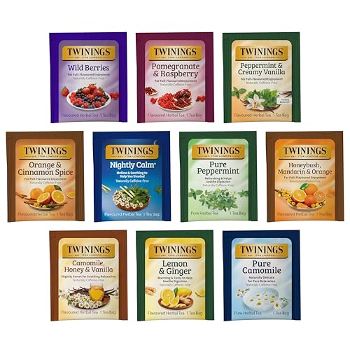 Image of Twinings Herbal Caffeine-Free Tea Bags Sampler, Assortment Variety Pack (40 Count) 10 Different Flavours for Tea Lovers: Her, Him, Women, Men, Couples, Family, Friends, Coworkers