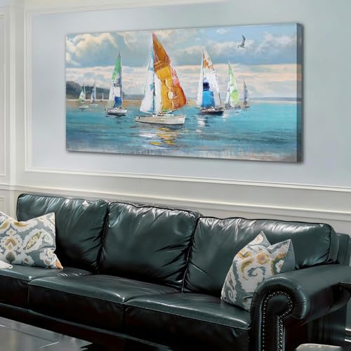 Ardemy Sailboat Wall Art Blue Abstract Canvas Art Nautical Textured Artwork Ocean Picture Wall Decor, Large Coastal Painting for Living Room Bedroom Home Office, 48"x24"