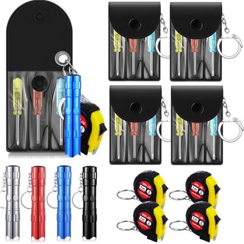 12 Pcs Mini Screwdriver Tape Measure Keychains LED Flashlight Keychain Set