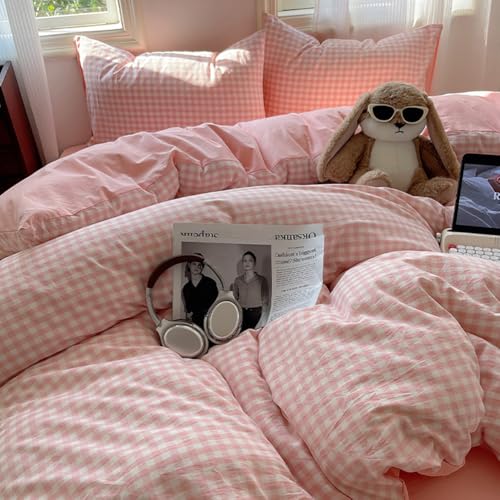 Image of Nayoroom Gingham Duvet Cover Queen Size Reversible Pink Plaid Checkered Duvet Cover 3 Pieces Soft Breathable Washed Microfiber Girls Dorm Bedding Set for All Seasons