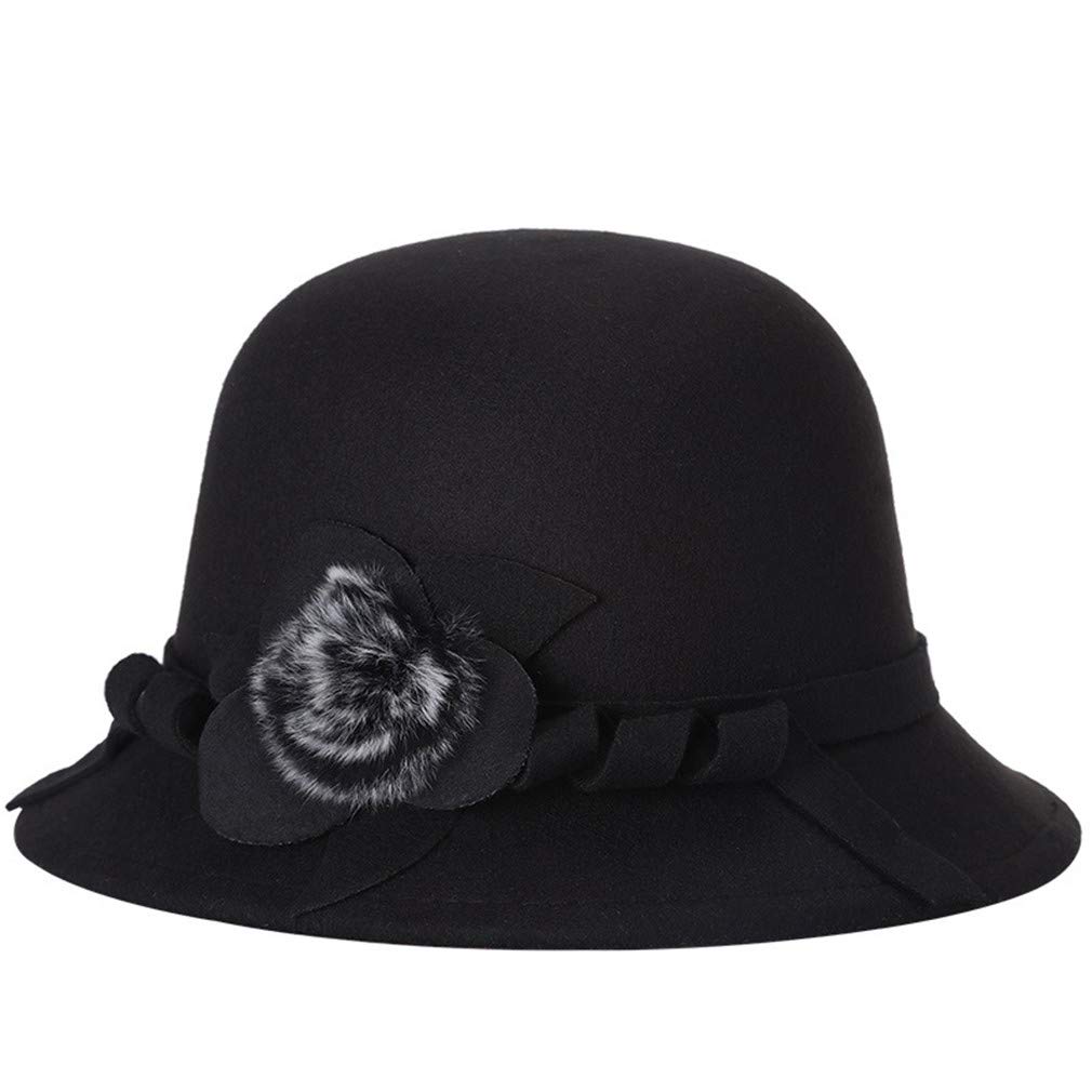 Ulalaza Women's 2-Black Vintage Cloche Bucket Hat With Flower Collapsible Felt Church Bowler Hat