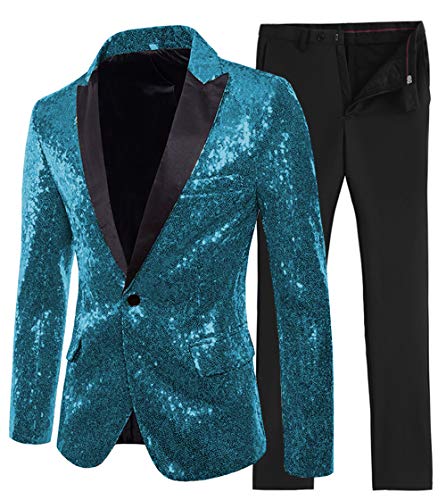 Mens Sequins Suit Peak Lapel 2 Pieces Fashion Evening Party Tuxedos Shiny Jacket Pants