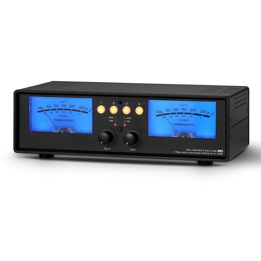 VU2 VU Meter analogico indicatore di livello sonoro con modalità di commutazione 4-IN-1-OUT e 1-IN-4-OUT per sorgenti audio stereo RCA e ingresso microfono (retroilluminazione blu)