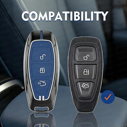 Image of SHOPOFLUX Metal Key Cover Compatible for Ford Ecosport 3 Button Smart Key (Blue Silicone)