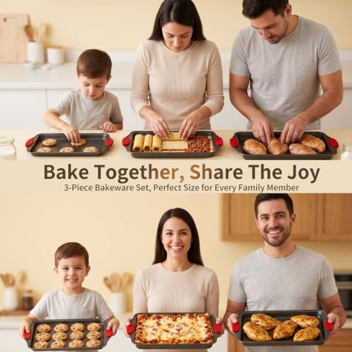 4-Piece Nonstick Carbon Steel Baking Sheet Set, Small Medium Large Rimmed Oven Pans with Red Heat-Resistant Silicone Handles & Bonus Spatula for Cookies, Cakes, Pizza & Home Baking - Image 4
