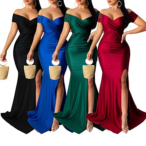 Uni Clau Women's Off Shoulder High Split Long Formal Party Maxi Dress Evening Gown V Neck Short Sleeve Night Cocktail Club Dresses Green L #TOP1