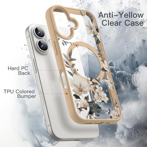 Image of VONZEE Compatible with iPhone 16 Case Luxury Retro Flowers Floral Clear for Magnetic Wireless Charging Case Shockproof Case PC+TPU Cute Glossy Shiny Cover for Girls Women, 6.1'' Desert Titanium