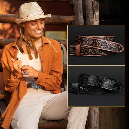 Image of SANSTHS 2 Pack Western Belts for Men without Buckle, Cowboy Belt for Buckle Western Leather Belt Straps for Jeans