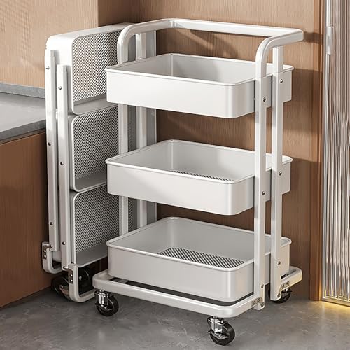 Carrello multiuso a 3 ripiani in rete – Contenitore in metallo con manico e ruote, espositore multifunzionale per casa, ufficio e cucina