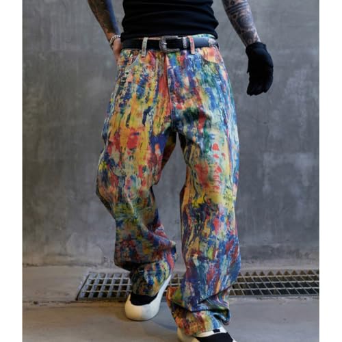 XYGJZ Hip Pop Wide Leg Jeans for Men Artistic Paint Splatter Denim Jeans2