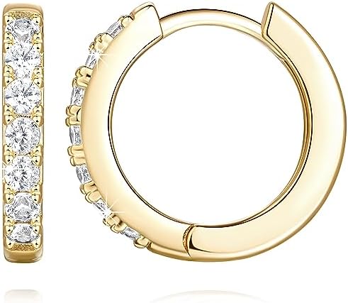 NEARLAND 14K Gold Huggie Hoop Earrings for Women 14K Gold Earrings Small Gold Hoop Earrings Gold Diamond Hoop Earrings for Women with Round Cubic Zirconia,12mm 14mm 16mm