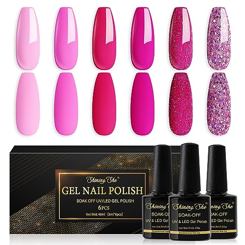 Shining She Smalto Semipermanente Unghie 6 Colori Rosso, Rosa Chiaro Rosa Brillante Glitter Soak-Off UV, per Novizia Nail Art DIY, 8ml