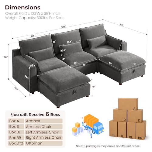 Image of WorthFurni Modern Modular Sectional Sofa,103 inch U Shape Minimalist Couch with Storage Ottoman,Comfty 4 Seat Sofa for Living Room,Grey Chenille