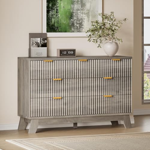 Image of BORNOON Fluted 7 Drawer Dresser, 47.2 inch Wide Modern Boho Chest of Drawers, Wooden Storage Dresser TV Stand for Bedroom, Living Room, Closet, Hallway, Curved Profile Design