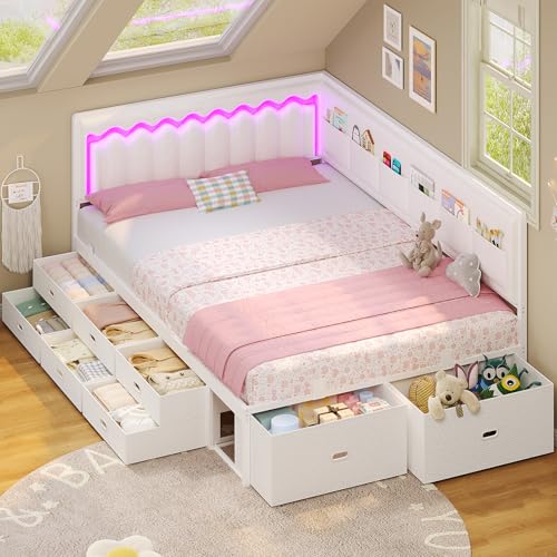 ADORNEVE Full Corner Bed Frame with 8 Drawers 6 Storage Pockets Full Daybed with Storage and RGB Wave Lights Full Size Platform Bed with L-Shaped Upholstered Guardrail for Kids Teen White