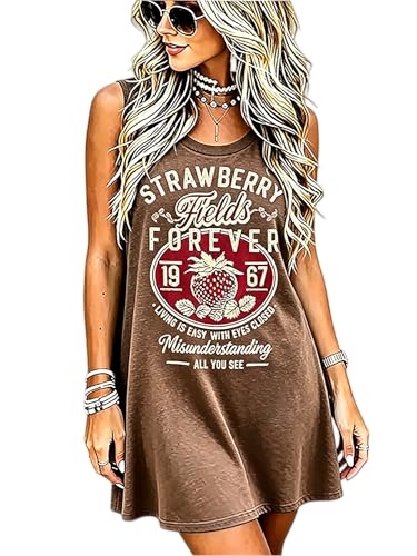 Image of Vintage Rock Country Music Dress for Women Rock Concert Band Graphic Tshirt Casual Letter Print Short Dress