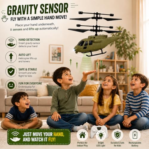 Image of Unique Design RC Helicopter for Kids with Safety Sensor & Gravity Sensor | LED Light | Rechargeable Flying Toy | Indoor & Outdoor Flying | Up & Down Movement | Remote Battery Not Included (Army Green)
