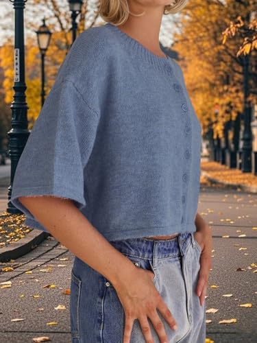 Womens Summer Short Sleeve Sweater Tops Button Down Oversized Cropped Sweaters Casual Knit Pullover Top3
