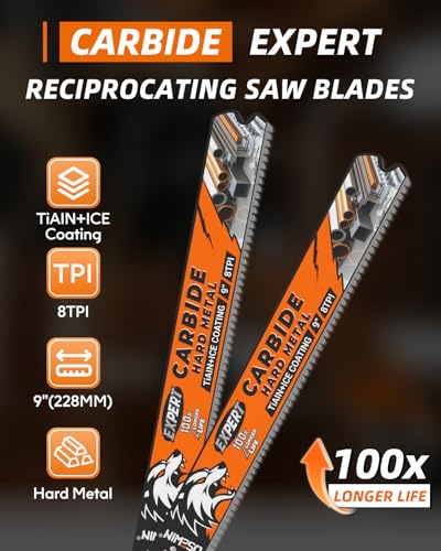 Image of Expert Reciprocating Saw Blade 3 Pack, 9 Inch 8TPI Carbide Sawzall Blades for Stainless Steel, Hardened Steel, Iron, Screws, Metal Pipe, Thick Steel Plate, Rebar, Angle Steel
