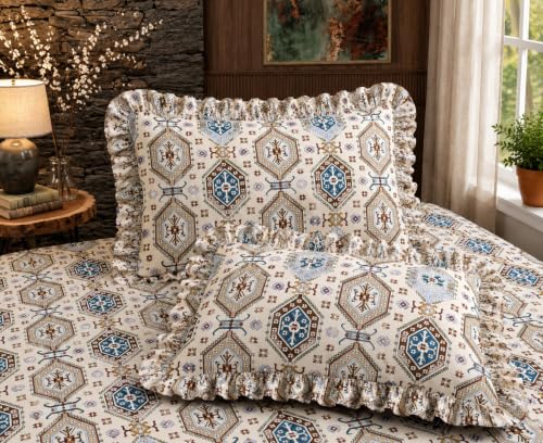 Image of Fitted Bedsheet Queen Size 300 TC Soft Cotton Feel Microfiber All Around Elastic Fitted Double Bedsheet with 2 Frill Pillow Covers | Size (60x78) Blue Traingle