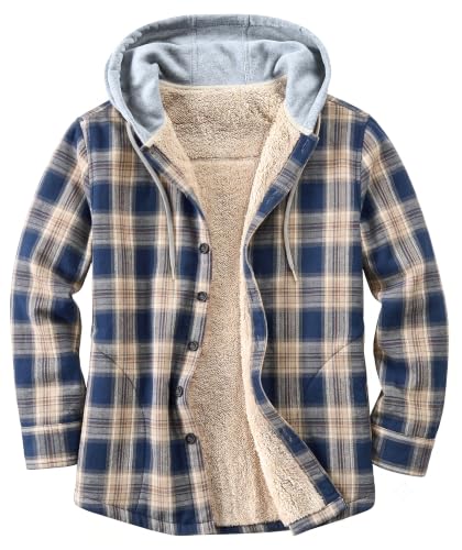 Image of Men's Cotton Plaid Shirt Jacket Fleece Flannel Sherpa Button Down