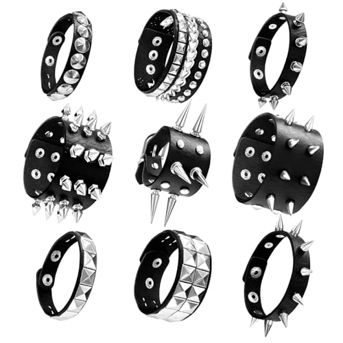 9 Pieces Punk Studded Goth Bracelet Leather Rivets Bracelet Cuff Adjustable Wristband Gothic Accessories for Men Women Halloween