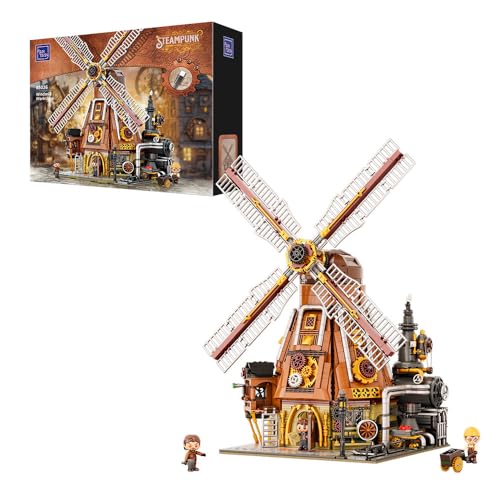 PANTASY Steampunk Windmühlen Werkstatt Bauset, 2400 Teile Motorisierte niederländische Windmühle mit Zahnrädern, Antrieb, aufklappbarer Wand – Architektur Modell für Erwachsene