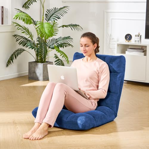 Image of Folding Floor Gaming Chair 14-Poistion Cushioned Adjustable Floor Lazy Sofa Chair w /Breathable Cotton & Skin-Friendly Velvet for Adults & Kids Perfect for Reading Gaming Meditating, Darkblue