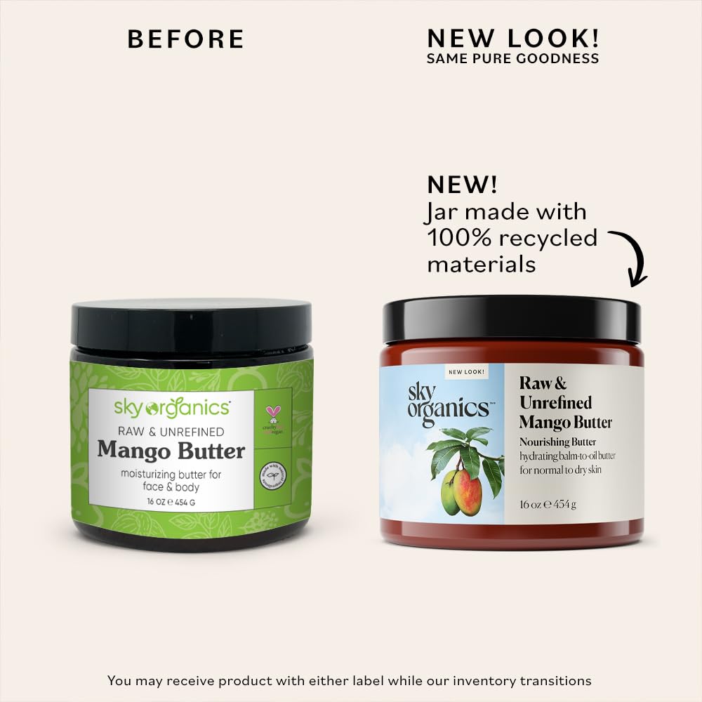 Sky Organics | Masło mango do ciała i twarzy | 100% nieprzetworzone i nierafinowane | Nawilża, równowaga i ujednolicenie cery | 454 g